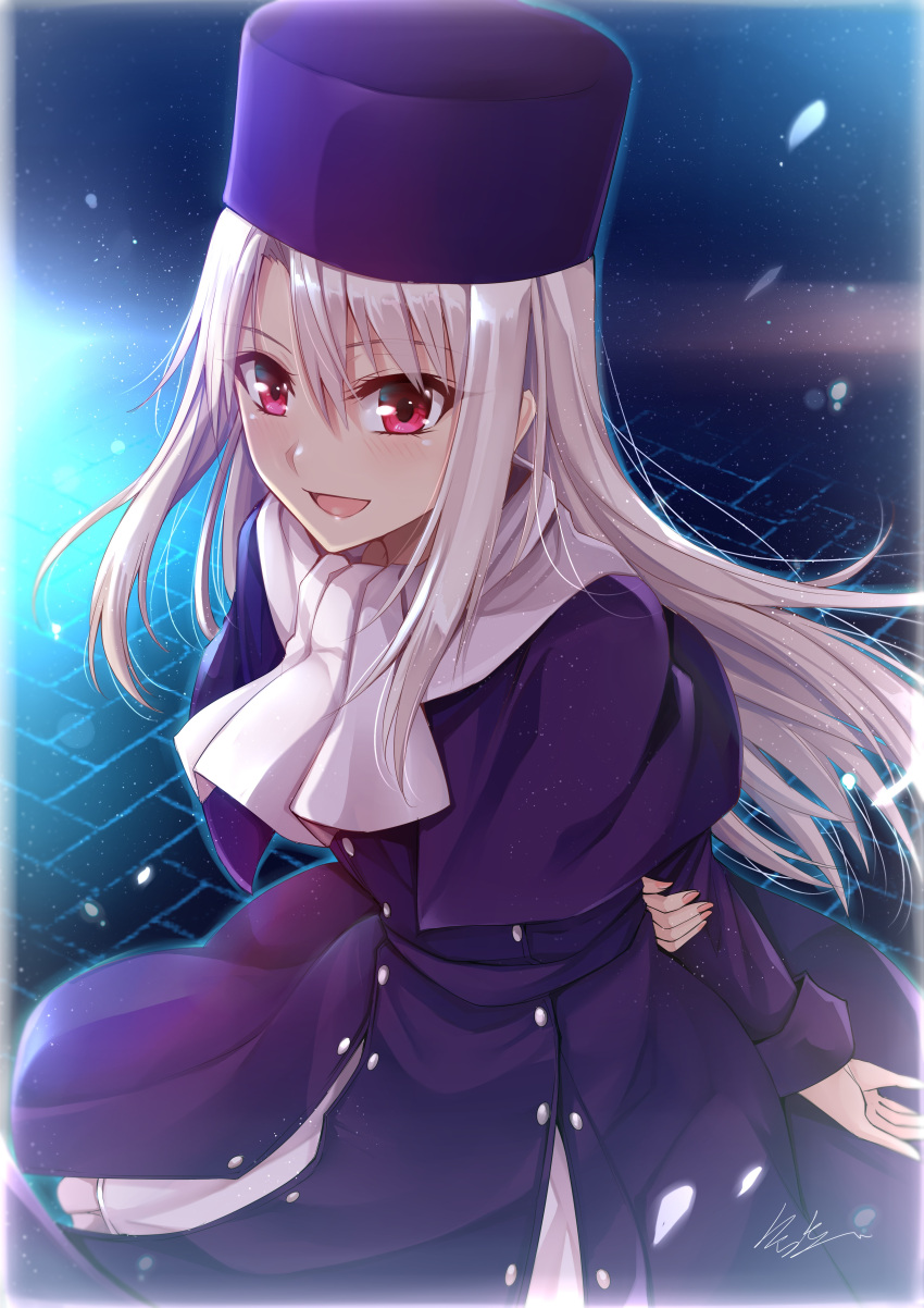 1girl absurdres arm_behind_back blush commentary_request eyebrows_visible_through_hair fate/stay_night fate_(series) grey_hair gu_li hair_between_eyes hat heaven's_feel highres illyasviel_von_einzbern jacket long_hair long_jacket looking_at_viewer open_mouth purple_headwear purple_jacket red_eyes scarf signature smile solo white_scarf