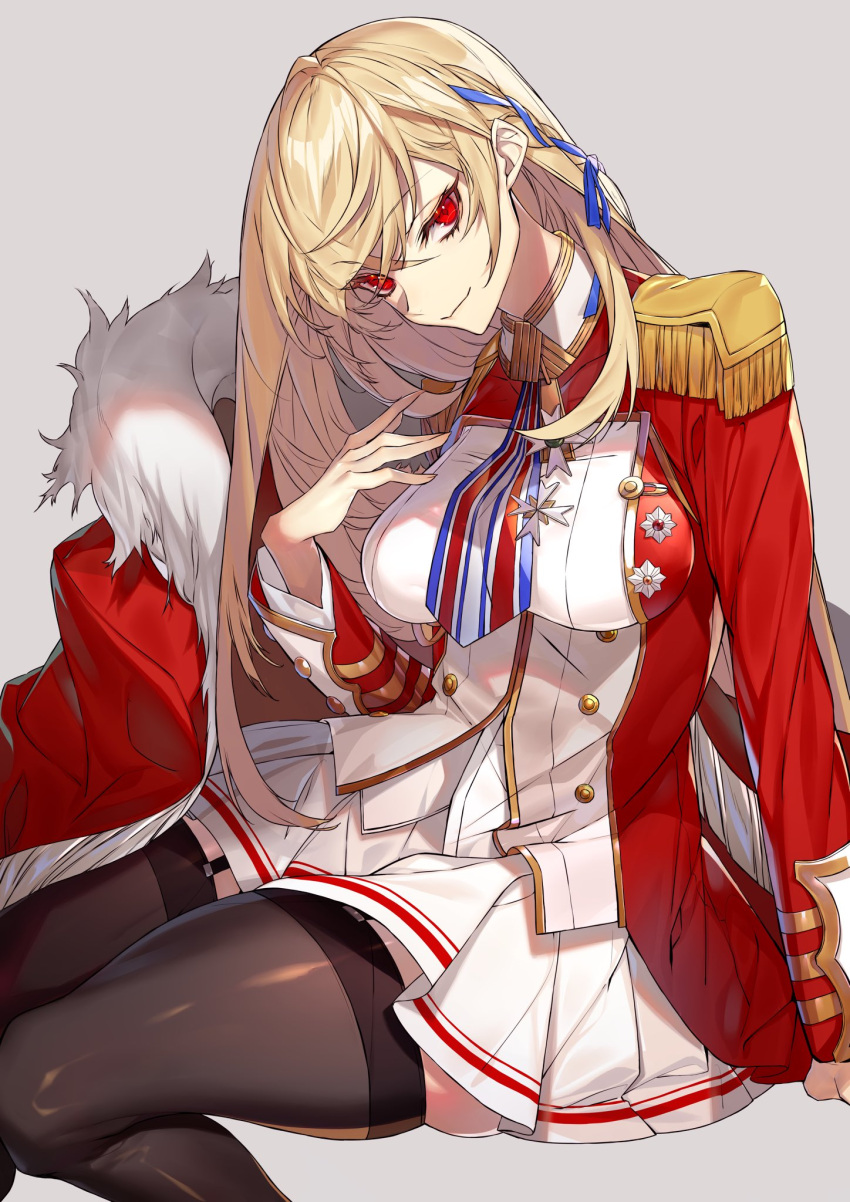 1girl azur_lane bangs black_legwear blonde_hair blue_ribbon braid breasts closed_mouth epaulettes eyebrows_visible_through_hair french_braid grey_background hachizowo hair_ribbon hand_up highres king_george_v_(azur_lane) large_breasts long_hair long_sleeves looking_at_viewer medal pleated_skirt red_eyes ribbon sidelocks simple_background sitting skirt smile solo thick_thighs thigh-highs thighs