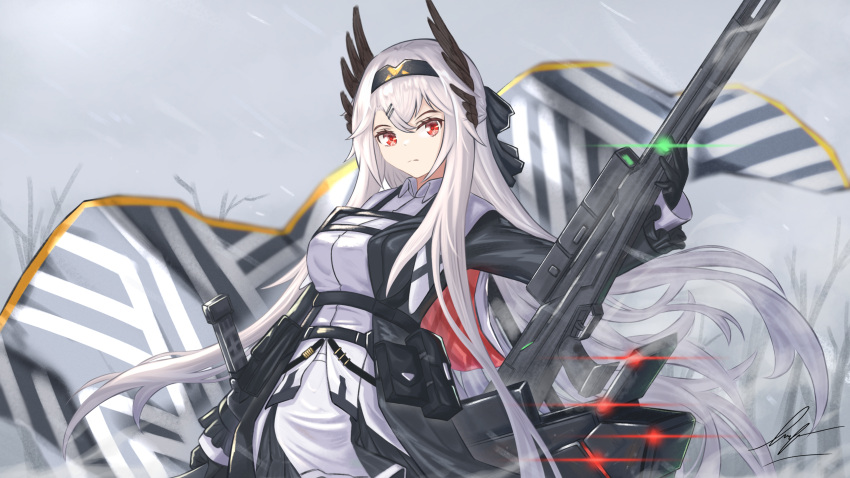 1girl branch breasts closed_mouth collared_shirt gloves gun hairband highres holding holding_weapon large_breasts long_hair looking_away original red_eyes rifle shirt sniper_rifle snow solo standing tree unitaka upper_body very_long_hair weapon white_hair