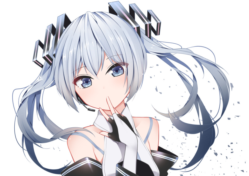 1girl bangs bare_shoulders black_sleeves blue_eyes blue_hair commentary covered_mouth detached_sleeves eyebrows_visible_through_hair face giryu hair_between_eyes hair_ornament hatsune_miku headphones long_hair looking_at_viewer shirt simple_background solo twintails vocaloid white_background white_shirt