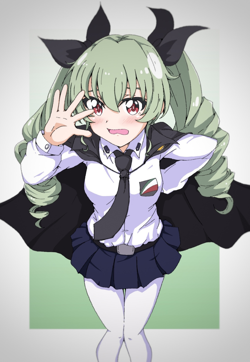 1girl anchovy anzio_school_uniform arm_behind_back bangs belt black_belt black_cape black_neckwear black_ribbon black_skirt blush cape covering_face dress_shirt drill_hair embarrassed emblem frown girls_und_panzer gradient gradient_background green_background green_hair hair_ribbon highres leaning_forward long_hair long_sleeves looking_at_viewer miniskirt necktie open_mouth pantyhose pleated_skirt red_eyes ribbon school_uniform shirt skirt solo standing tanuki_(naito7110) twin_drills twintails white_legwear white_shirt