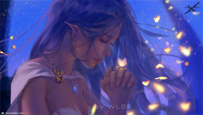 1girl artist_name brooch bug butterfly closed_eyes closed_mouth dress ghostblade hands_clasped highres insect jewelry long_hair necklace own_hands_together pointy_ears praying solo wlop