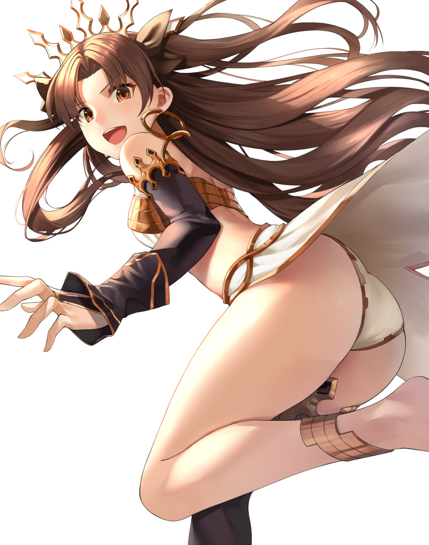 1girl absurdres anklet armlet ass asymmetrical_legwear asymmetrical_sleeves bangs bare_shoulders blush breasts bridal_gauntlets brown_eyes brown_hair crown earrings elbow_gloves fate_(series) gloves hair_ribbon highres hoop_earrings ishtar_(fate/grand_order) jewelry leg_up long_hair looking_at_viewer medium_breasts parted_bangs pelvic_curtain ribbon simple_background single_elbow_glove single_thighhigh smile solo star741 thigh-highs two_side_up white_background
