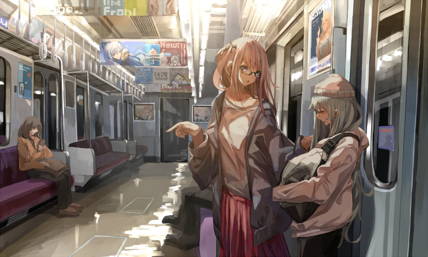 3girls ad bag g11_(girls_frontline) girls_frontline glasses ground_vehicle highres jacket long_skirt miyabino_(miyabi1616) multiple_girls seat side_ponytail skirt sleepy st_ar-15_(girls_frontline) subway tokarev_(girls_frontline) train train_interior woollen_cap