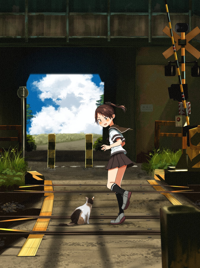 1girl 1other annin_musou black_legwear blue_sky brown_hair brown_sailor_collar brown_skirt cat clouds day grey_footwear highres kantai_collection kneehighs outdoors ponytail railroad_crossing railroad_signal railroad_tracks sailor_collar scenery school_uniform serafuku shikinami_(kantai_collection) short_hair short_ponytail sign skirt sky smile tunnel