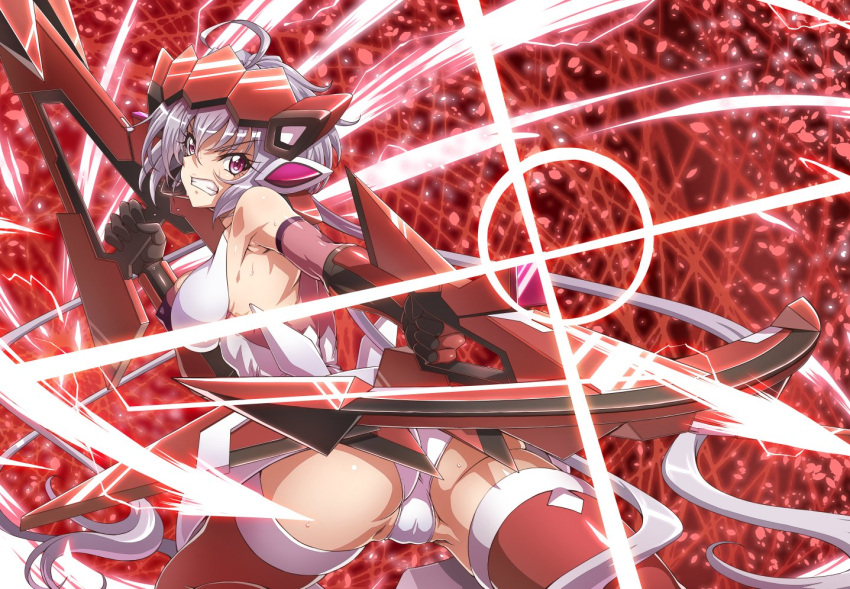 1girl ahoge angry armpit_peek ass bare_shoulders bow_(weapon) breasts clenched_teeth covered_nipples crossbow headgear large_breasts leotard long_hair low_twintails purple_hair red_background red_theme senki_zesshou_symphogear shunzou solo sweat teeth thigh-highs twintails very_long_hair violet_eyes weapon yukine_chris