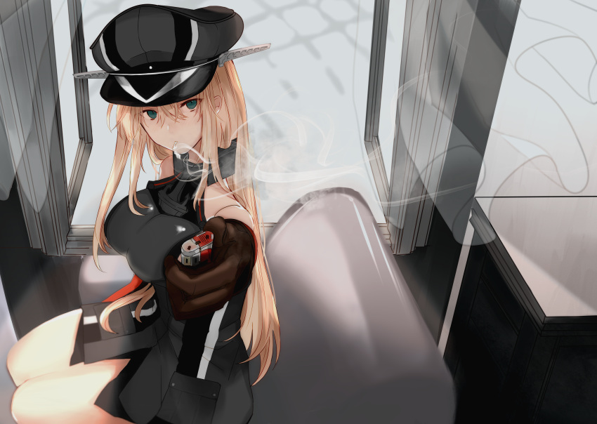 absurdres anchor bare_legs bare_shoulders bismarck_(kantai_collection) blonde_hair blue_eyes breastplate brown_gloves chair cigarette commentary_request detached_sleeves gloves gorilla_okayu hat highres kantai_collection lighter long_hair military military_hat military_uniform open_window peaked_cap sitting smoking uniform window