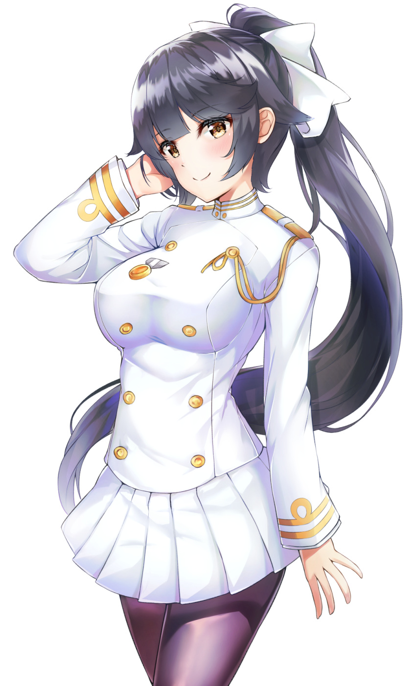 1girl azur_lane benedia black_hair black_legwear blush bow breasts brown_eyes cowboy_shot double-breasted hair_bow hand_up highres large_breasts long_hair long_sleeves looking_at_viewer military military_uniform miniskirt pantyhose pleated_skirt ponytail shirt sidelocks simple_background skirt smile solo standing takao_(azur_lane) uniform very_long_hair white_background white_bow white_shirt white_skirt