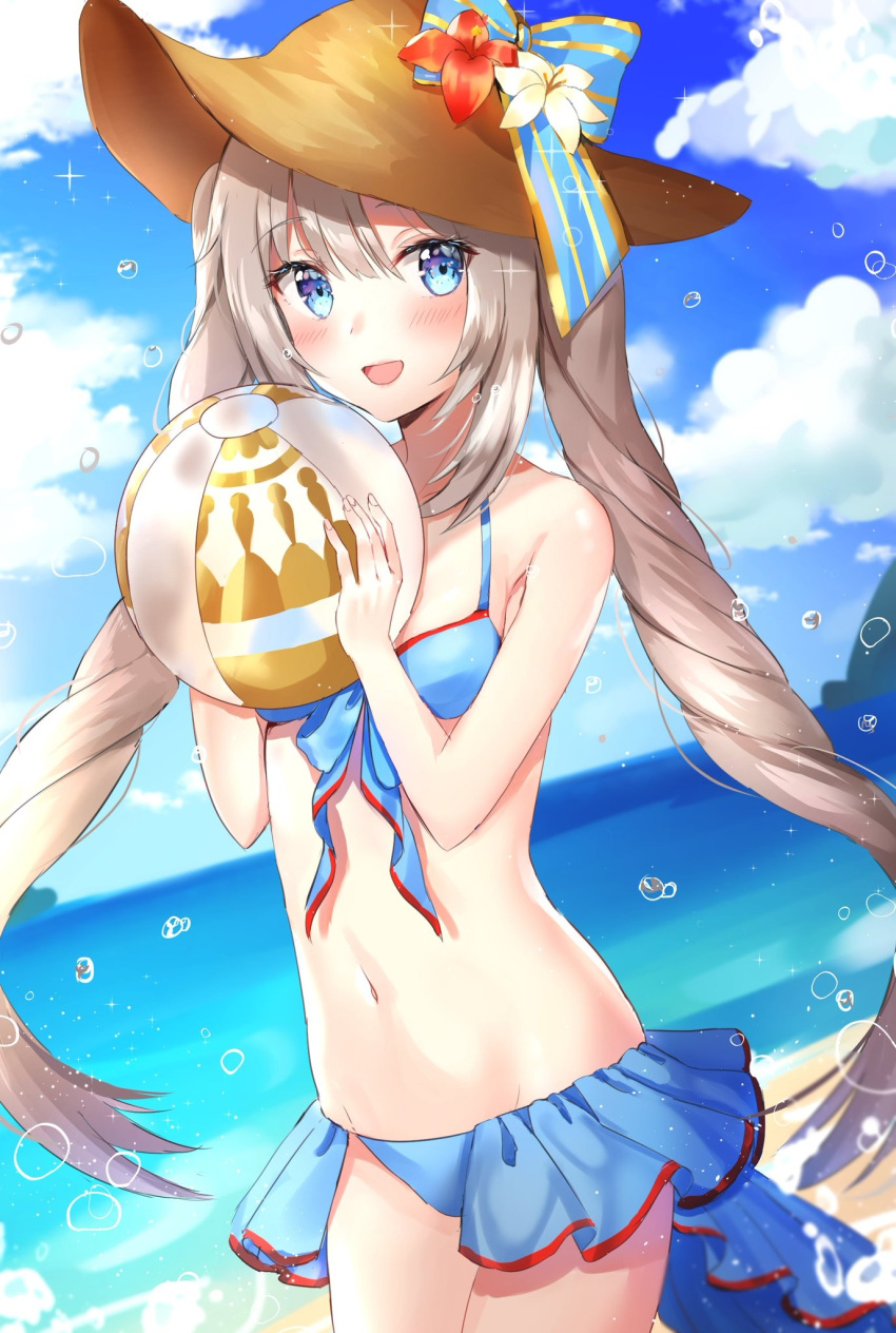 1girl :d ball bangs bare_arms bare_shoulders beachball bikini blue_bikini blue_bow blue_eyes blue_sky blurry blurry_background blush bow breasts brown_headwear clouds commentary_request day depth_of_field dutch_angle eyebrows_visible_through_hair fate/grand_order fate_(series) fingernails flower grey_hair groin hair_between_eyes hands_up hat hat_flower highres holding holding_ball horizon kubong long_hair marie_antoinette_(fate/grand_order) navel ocean open_mouth outdoors red_flower sky small_breasts smile solo striped striped_bow sun_hat swimsuit twintails very_long_hair water_drop white_flower