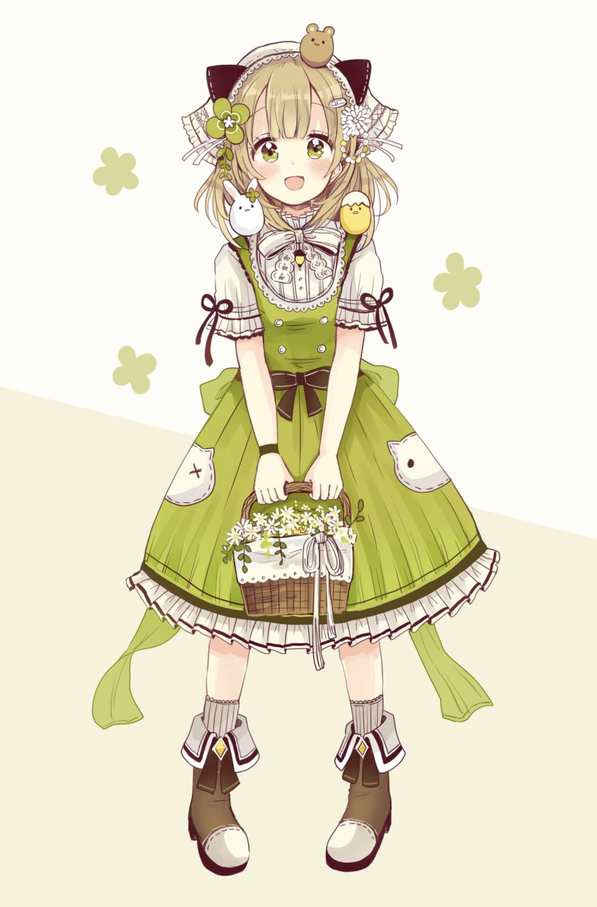 1girl :d animal animal_on_head animal_on_shoulder bangs basket bird black_bow black_ribbon blush boots bow brown_background brown_footwear brown_hair chick commentary_request dress eyebrows_visible_through_hair flower frilled_dress frills full_body green_dress green_eyes grey_legwear hair_flower hair_ornament head_scarf highres holding holding_basket looking_at_viewer on_head open_mouth original rabbit ribbon sakura_oriko shirt short_sleeves sleeveless sleeveless_dress smile socks solo standing two-tone_background white_background white_flower white_shirt
