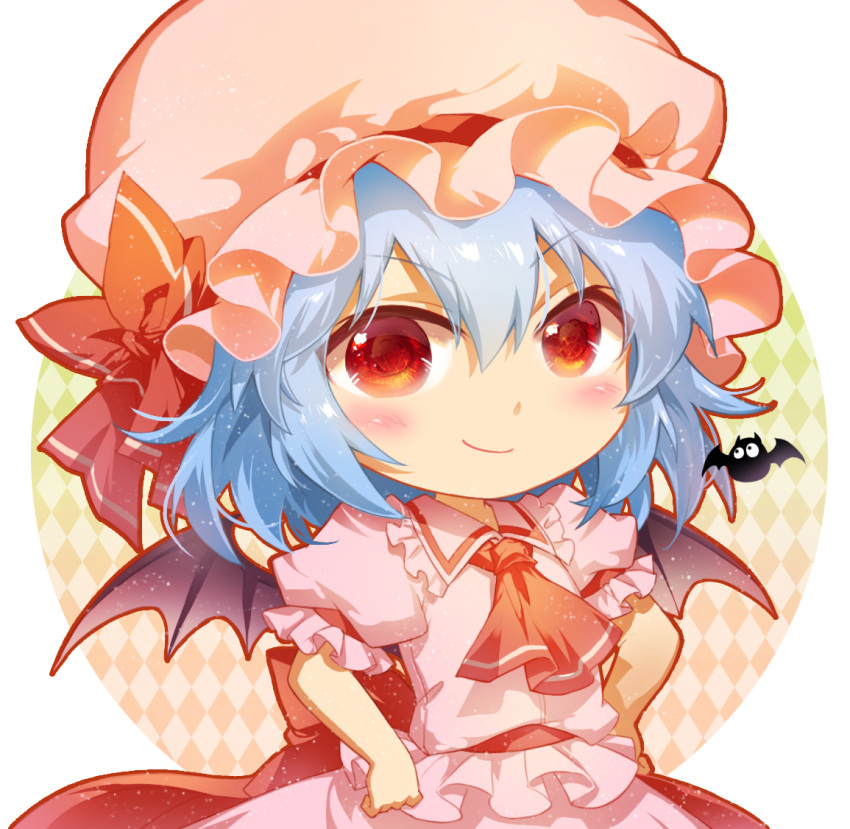 1girl ascot bangs bat bat_wings blue_hair blush chibi circle commentary_request dress eyebrows_visible_through_hair frilled_shirt_collar frills hair_between_eyes hands_on_hips hat hat_ribbon light_particles looking_at_viewer mob_cap pink_dress pink_headwear puffy_short_sleeves puffy_sleeves red_eyes red_neckwear red_ribbon red_sash remilia_scarlet ribbon sash shangguan_feiying short_hair short_sleeves simple_background smile solo touhou upper_body white_background wings