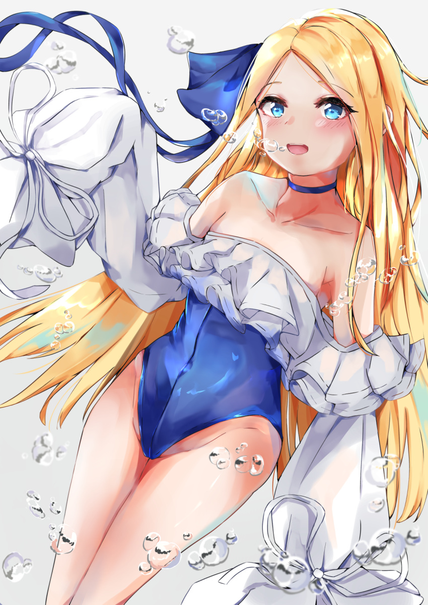 1girl abigail_williams_(fate/grand_order) bangs bare_shoulders blonde_hair blue_choker blue_eyes blue_ribbon blue_swimsuit blush breasts choker collarbone cosplay covered_navel fate/grand_order fate_(series) forehead frills hair_ribbon highleg highleg_swimsuit highres long_hair long_sleeves looking_at_viewer meltryllis meltryllis_(swimsuit_lancer)_(fate) meltryllis_(swimsuit_lancer)_(fate)_(cosplay) minertime one-piece_swimsuit open_mouth parted_bangs puffy_short_sleeves puffy_sleeves ribbon short_sleeves sleeves_past_fingers sleeves_past_wrists small_breasts smile solo swimsuit thighs water