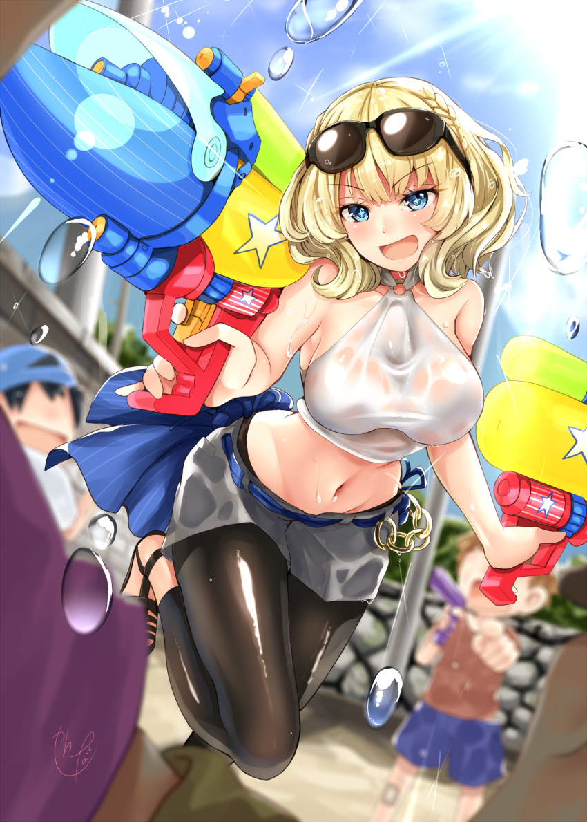 1girl alternate_costume black_legwear blonde_hair blue_eyes blue_sky blurry blurry_background breasts colorado_(kantai_collection) crop_top day dual_wielding eyebrows_visible_through_hair eyewear_on_head grey_skirt highres holding holding_water_gun kantai_collection large_breasts midriff miniskirt narushima_kanna navel open_mouth outdoors pantyhose short_hair side_braids skirt sky solo_focus sunglasses water_gun wet wet_clothes