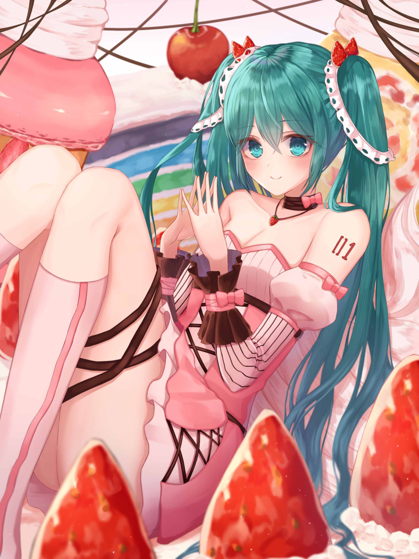 1girl absurdres apple aqua_hair bare_shoulders black_collar blush boots bow cake collar collarbone commentary_request detached_sleeves dress eyebrows_visible_through_hair food fruit hair_ornament hatsune_miku highres jewelry long_fingers long_hair long_legs looking_at_viewer nani_(goodrich) necklace pink_bow pink_dress pink_footwear puffy_sleeves smile solo strawberry tattoo thigh-highs twintails very_long_hair vocaloid
