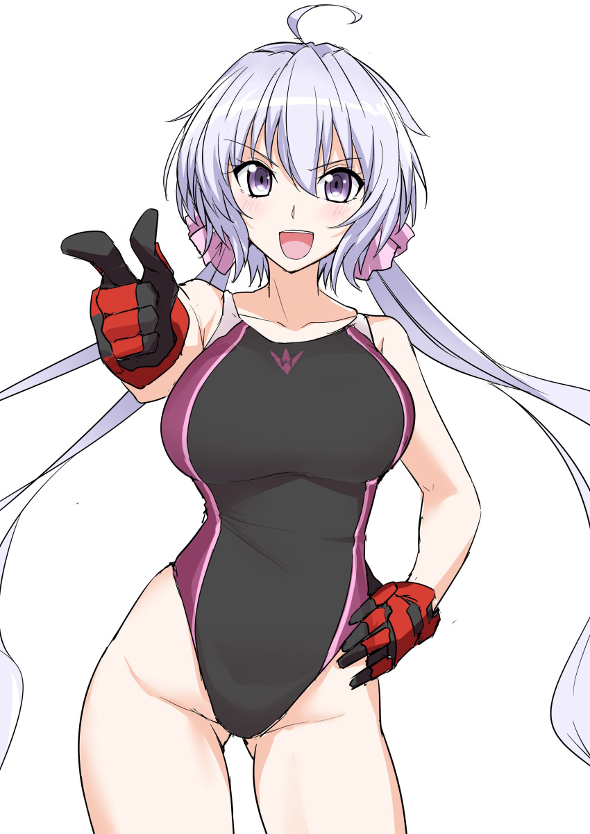 1girl absurdres ahoge ass_visible_through_thighs black_gloves black_swimsuit commentary_request contrapposto foreshortening gloves hand_on_hip harukon_(halcon) highleg highleg_swimsuit highres lavender_hair looking_at_viewer low_twintails open_mouth pointing senki_zesshou_symphogear simple_background smile solo swimsuit twintails violet_eyes white_background yukine_chris