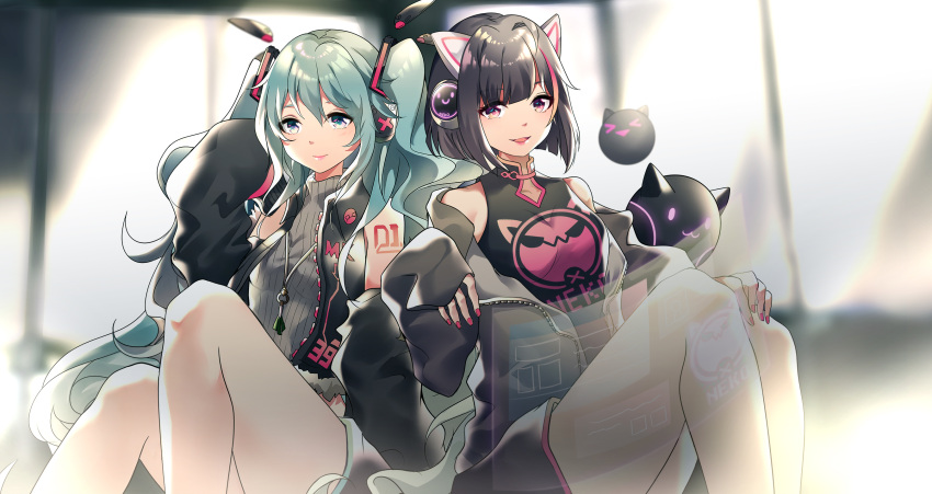&gt;_&lt; 2girls animal_ears bangs black_jacket black_shorts black_sleeves blue_eyes blurry blurry_background breasts cat_ear_headphones cat_ears character_request closed_mouth commentary crossover cytus depth_of_field detached_sleeves eyebrows_visible_through_hair fake_animal_ears fingernails green_hair grey_sweater hair_between_eyes hair_ornament hatsune_miku headgear headphones highres jacket knees_up long_sleeves multiple_girls nail_polish off_shoulder open_clothes open_jacket parted_lips pink_nails ribbed_sweater short_shorts shorts sitting sleeveless sleeveless_jacket sleeveless_sweater sleeves_past_wrists small_breasts smile sweater twintails vocaloid xianguang