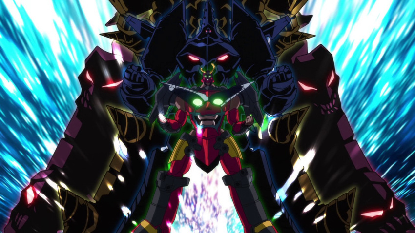 2007 arc_gurren-lagann chouginga_gurren-lagann drill evolution eyes glowing glowing_eye gurren-lagann mecha moon_(ornament) red_eyes robot screencap silhouette tengen_toppa_gurren-lagann_(mecha) tengen_toppa_gurren_lagann