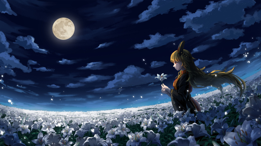 1girl absurdres bangs black_dress blonde_hair breasts clouds commentary_request dress field floating_hair flower flower_field from_side full_moon headdress highres hikaru_niwatori holding holding_flower junko_(touhou) light_particles long_hair long_sleeves medium_breasts moon neck_ribbon night night_sky outdoors profile red_eyes ribbon sky solo standing tabard touhou very_long_hair white_flower wide_sleeves yellow_neckwear yellow_ribbon