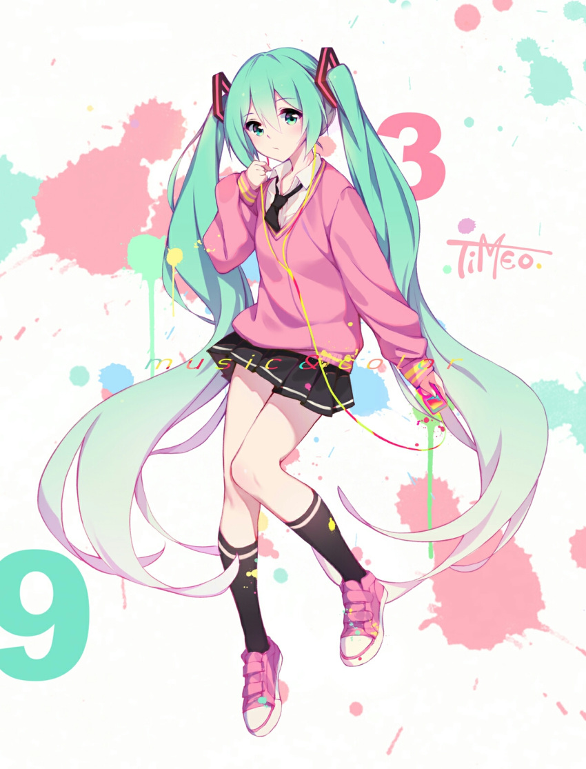 1girl absurdly_long_hair artist_name black_legwear black_neckwear black_skirt digital_media_player earphones earphones full_body green_eyes green_hair hair_between_eyes hatsune_miku highres long_hair necktie pink_sweater pleated_skirt shoes sidelocks skirt sneakers socks solo sweater timeo twintails very_long_hair vocaloid white_background