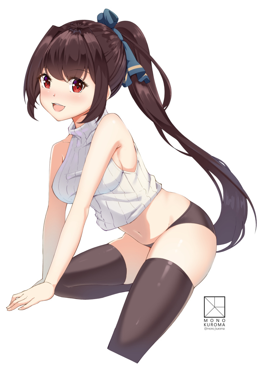 1girl :d arm_support artist_name bangs bare_shoulders black_legwear black_panties blush bow breasts brown_hair crop_top eyebrows_visible_through_hair groin hair_bow hair_intakes head_tilt high_ponytail highres impossible_clothes impossible_sweater leaning_forward long_hair looking_at_viewer medium_breasts mono_kuroma navel no_pants open_mouth original panties ponytail red_eyes ribbed_sweater shiny shiny_clothes shiny_skin sideboob simple_background sleeveless smile solo standing standing_on_one_leg sweater sweater_vest taut_clothes thigh-highs turtleneck turtleneck_sweater twitter_username underwear very_long_hair
