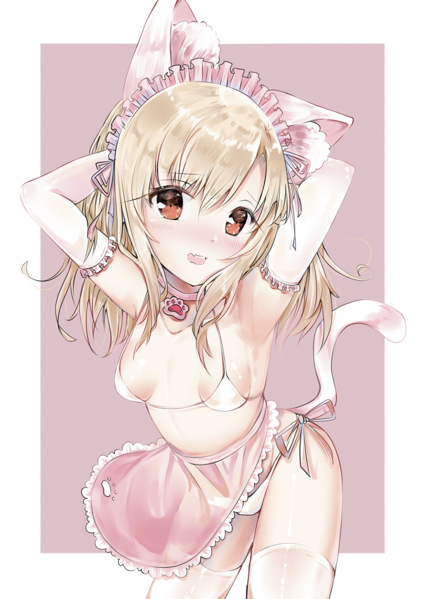 1girl absurdres animal_ear_fluff animal_ears apron armpits arms_behind_head bangs bikini blonde_hair breasts cat_ears cat_tail commentary_request detached_sleeves eyebrows_visible_through_hair fang fate/grand_order fate_(series) headdress highres illyasviel_von_einzbern long_hair looking_at_viewer maid pink_apron red_eyes side-tie_bikini small_breasts solo swimsuit tail thigh-highs white_bikini white_legwear white_sleeves yukineko1018