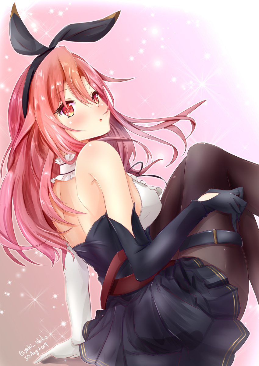 1girl aiguillette azur_lane black_gloves black_legwear black_prince_(azur_lane) black_ribbon black_skirt blush bow breasts commentary_request elbow_gloves gloves gold_trim hair_bow hairband high-waist_skirt highres large_breasts layered_skirt mr_lobster neck_ribbon open_mouth pantyhose ribbon shirt skirt solo thigh_strap