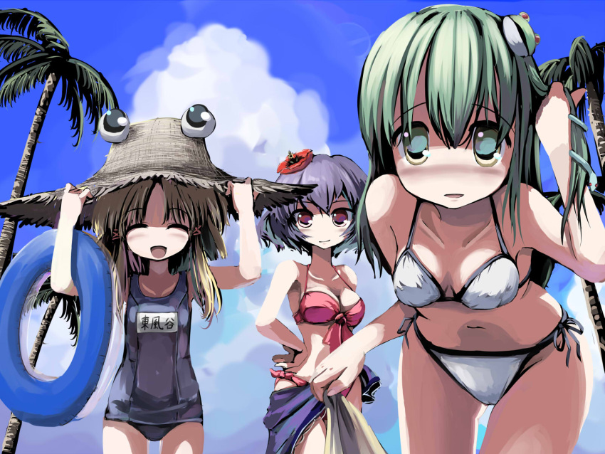 adjusting_hair beach bent_over bikini blonde_hair blush closed_eyes flower frog front-tie_top gatau green_eyes green_hair hair_flower hair_ornament hair_ribbon hand_on_hat hand_on_hip happy hat hibiscus highres innertube kochiya_sanae long_hair moriya_suwako multiple_girls no_nose one-piece_swimsuit palm_tree purple_hair red_eyes ribbon sarong school_swimsuit short_hair side-tie_bikini smile snake straw_hat swimsuit touhou tree wallpaper white_bikini yasaka_kanako