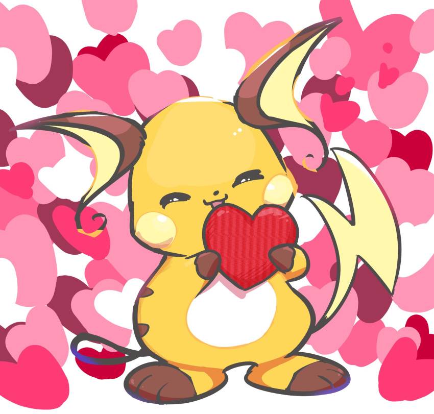 closed_eyes closed_mouth full_body happy heart highres looking_at_viewer no_humans pokemon pokemon_(creature) pokemon_focus raichu smile solo tail takap_oekaki tongue tongue_out