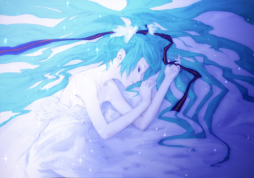 blue_hair hatsune_miku last_night_good_night_(vocaloid) long_hair lying redjuice sleeping vocaloid