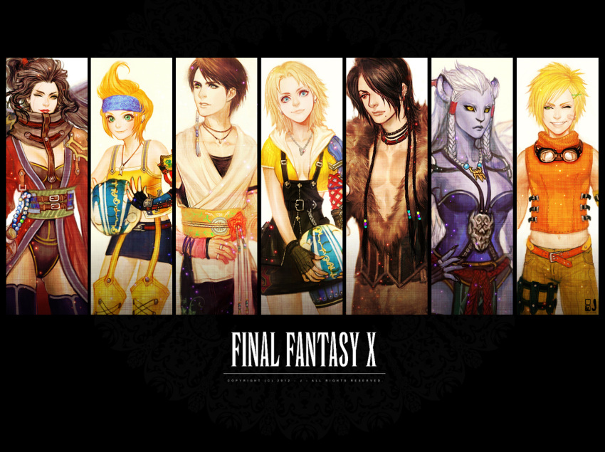 3girls 4girls androgynous ass auron ball black_hair black_legwear blonde_hair blue_eyes breasts brown_hair cleavage coat column_lineup final_fantasy final_fantasy_x fur_coat furry garter_straps genderswap goggles green_eyes hand_on_hip hand_on_hips japanese_clothes jewelry kimahri_ronso kimono legs lips lipstick long_hair looking_at_viewer looking_away lulu makeup midriff multiple_boys multiple_girls muscle necklace onose1213 overalls ponytail red_eyes rikku scar serious short_hair smile smirk standing sword thigh-highs thighhighs tidus title_drop wakka weapon white_hair wink yellow_eyes yuna