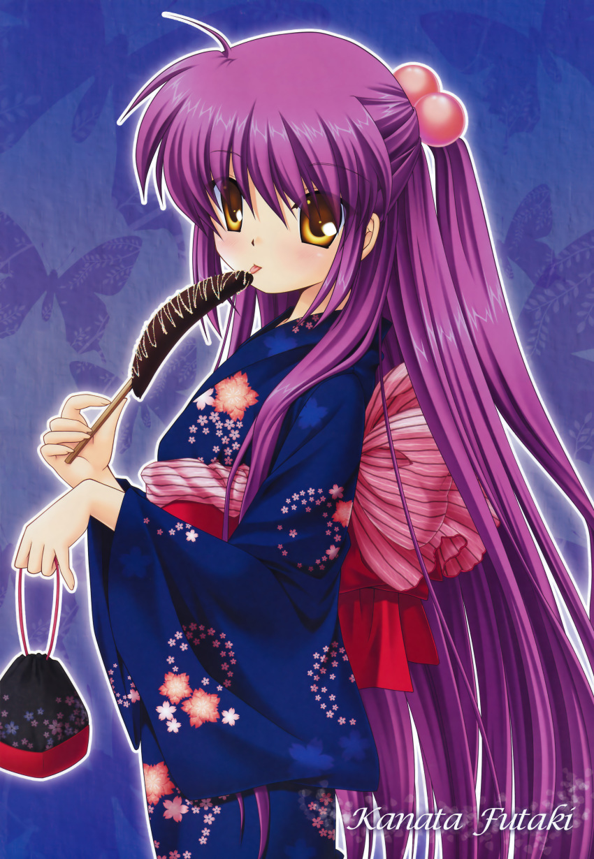 :p bag futaki_kanata highres japanese_clothes kimono kinchaku little_busters! little_busters!! long_hair purple_hair tongue yellow_eyes yukata