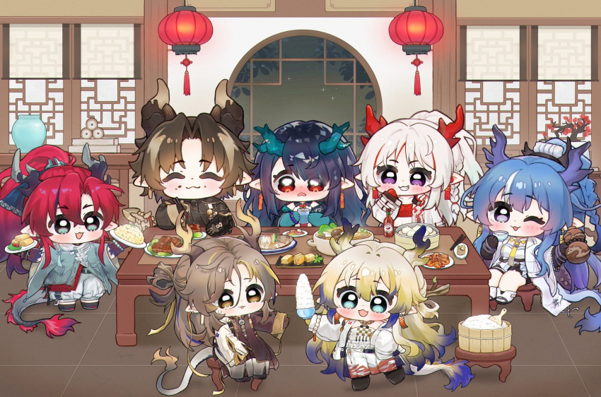 1boy arknights blush chongyue_(arknights) dragon_boy dragon_girl dusk_(arknights) eating food happy horns hue_oo jie_(arknights) ling_(arknights) long_hair medium_hair multiple_girls nian_(arknights) shu_(arknights) sui_(arknights)