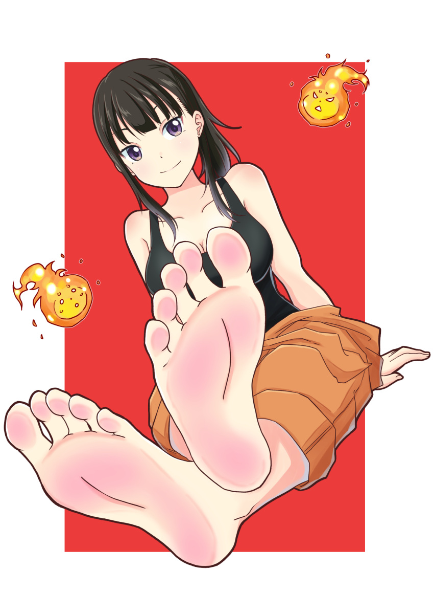 1girl bare_shoulders barefoot black_hair black_tank_top breasts en'en_no_shouboutai feet feet_together highres large_breasts leafar long_hair looking_at_viewer maki_oze no_shoes ponytail pov_feet sitting smile soles solo tank_top toes violet_eyes