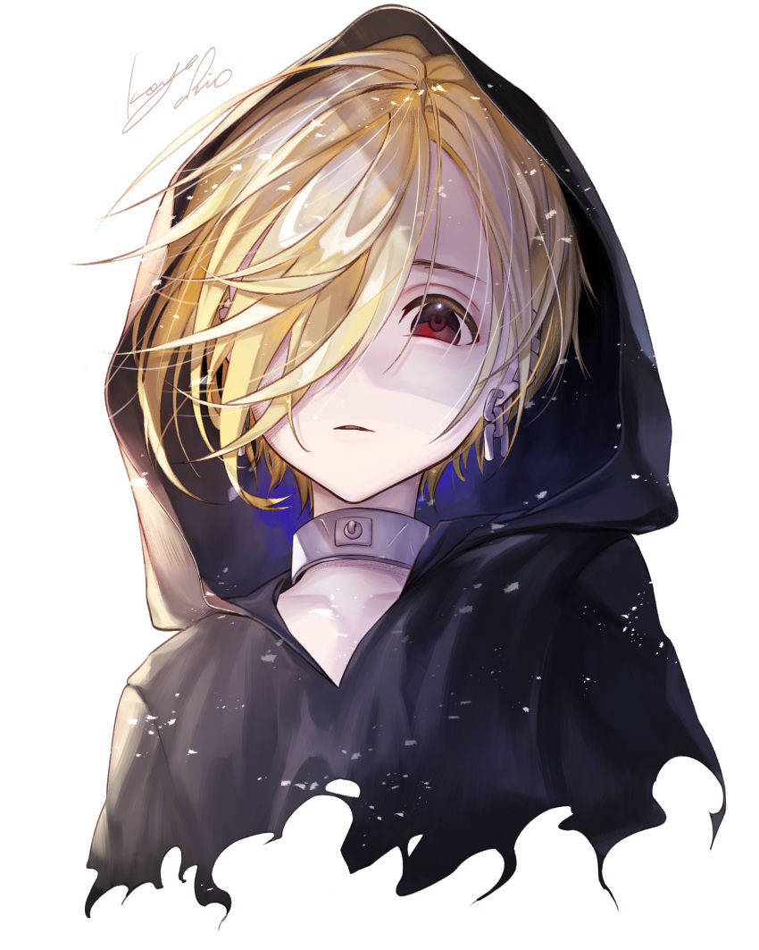 1girl black_robe blonde_hair chain_earrings collar collarbone hair_blowing hair_over_one_eye highres hood hood_up hoodie idolmaster idolmaster_cinderella_girls koyo_akio looking_at_viewer metal_collar parted_lips red_eyes shirasaka_koume simple_background solo upper_body white_background