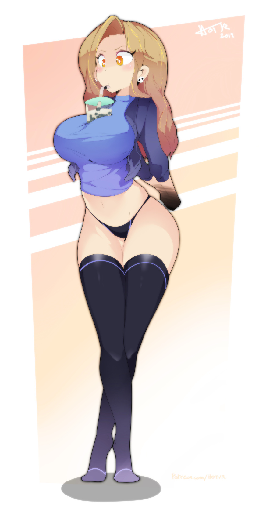 1girl absurdres arm_behind_back between_breasts black_legwear black_panties blue_jacket blue_shirt breasts brown_hair bubble_tea bubble_tea_challenge commission crossed_ankles cup disposable_cup drink drinking drinking_straw earrings full_body highres hot_vr jacket jewelry large_breasts long_hair long_legs looking_at_viewer meme navel no_pants object_on_breast open_clothes open_jacket orange_eyes original panties shirt skindentation skull_earrings solo standing thigh-highs tiptoes underwear