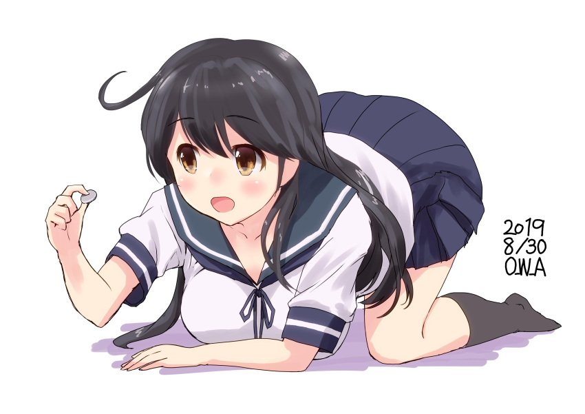 1girl :d absurdres ahoge artist_name black_hair black_legwear blue_skirt blush breasts brown_eyes commentary_request dated eyebrows_visible_through_hair full_body highres holding_coin kantai_collection kneehighs large_breasts long_hair no_shoes open_mouth owa_(ishtail) pleated_skirt school_uniform serafuku simple_background skirt smile solo ushio_(kantai_collection) white_background