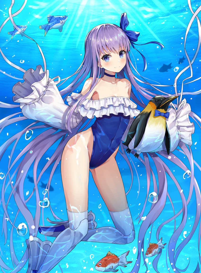 1girl absurdres armored_boots bare_shoulders blue_eyes blue_ribbon blue_swimsuit blush boots breasts bubble choker collarbone covered_navel fate/grand_order fate_(series) fish freediving groin hair_ribbon highres hokori_sakuni knee_boots light_rays long_hair long_sleeves looking_at_viewer meltryllis meltryllis_(swimsuit_lancer)_(fate) off_shoulder one-piece_swimsuit purple_hair ribbon sleeves_past_fingers sleeves_past_wrists small_breasts smile solo sunbeam sunlight swimsuit thighs underwater very_long_hair water