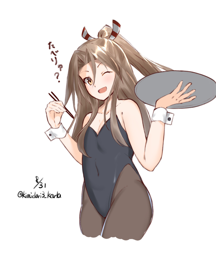 1girl absurdres alternate_costume black_legwear black_leotard chopsticks cowboy_shot dated flat_chest forehead hair_intakes hair_ribbon high_ponytail highres kantai_collection kimidori3_karla leotard light_brown_hair long_hair looking_at_viewer one_eye_closed playboy_bunny_leotard ribbon simple_background solo strapless strapless_leotard white_background zuihou_(kantai_collection)