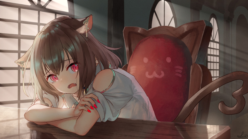 1girl animal_ear_fluff animal_ears bangs brown_hair cat_ears cat_girl cat_tail chair commentary_request ear_piercing eyebrows_visible_through_hair fangs hair_between_eyes heart heart_tail highres indoors looking_at_viewer on_chair open_mouth original piercing red_eyes reflection saraki shirt short_sleeves shoulder_cutout sitting solo tail white_shirt window