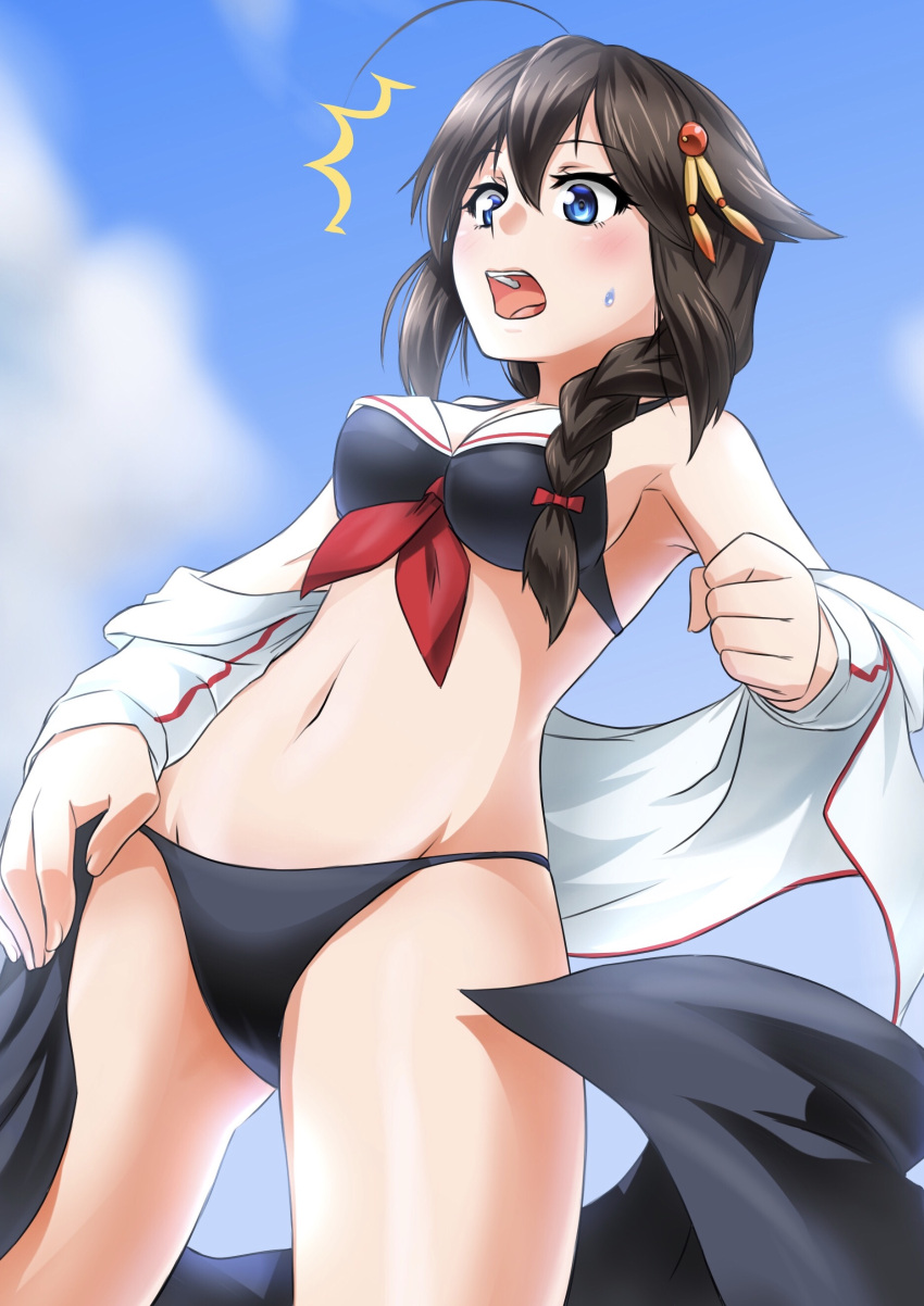 /\/\/\ 1girl absurdres adapted_costume ahoge akito_(sub707) bikini black_bikini black_hair black_saron blue_eyes blue_sky braid breasts clouds cowboy_shot day from_below hair_flaps hair_over_shoulder highres jacket kantai_collection medium_breasts navel open_mouth outdoors remodel_(kantai_collection) shigure_(kantai_collection) single_braid sky solo standing swimsuit upper_teeth wardrobe_malfunction white_jacket