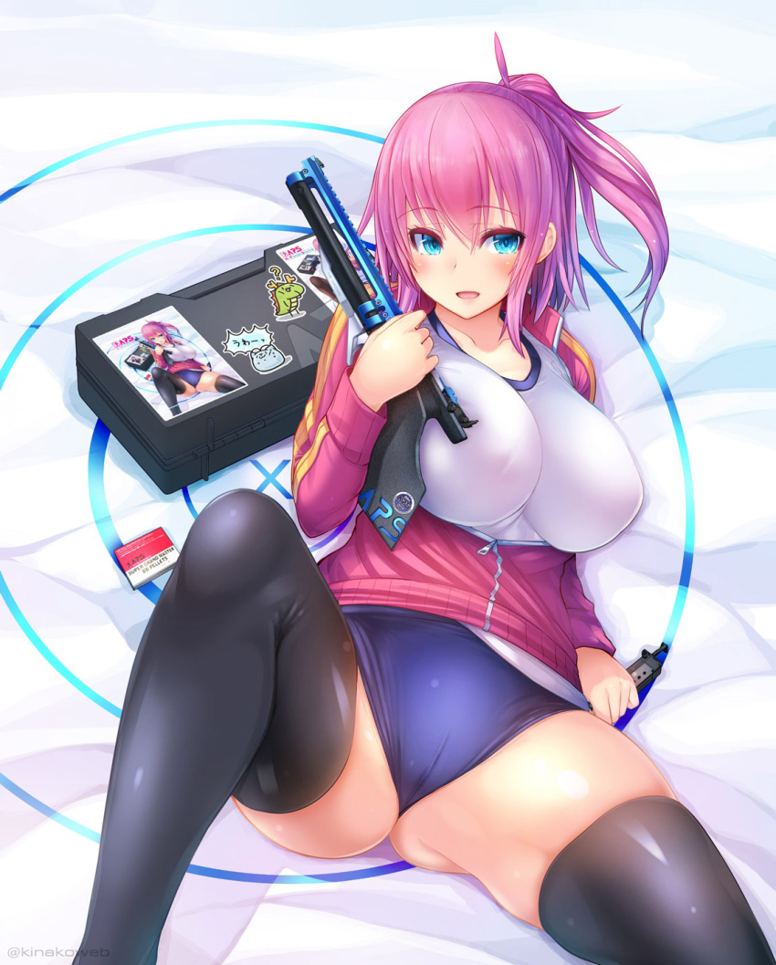 1girl :d black_legwear blue_buruma blue_eyes blush breasts buruma gym_uniform highres holding impossible_clothes impossible_shirt jacket large_breasts looking_at_viewer ooyama_kina open_mouth original pink_hair ponytail recursion red_jacket shiny shiny_skin shirt short_hair smile solo spread_legs thigh-highs thighs track_jacket white_shirt