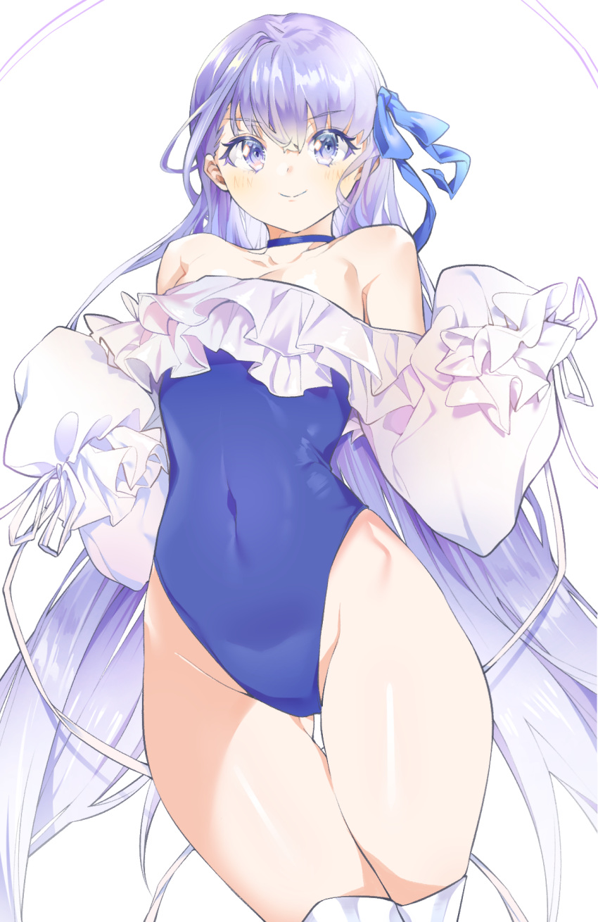 1girl bangs bare_shoulders blue_choker blue_ribbon blue_swimsuit blush breasts choker closed_mouth collarbone covered_navel cpqm fate/grand_order fate_(series) frills hair_between_eyes highleg highleg_swimsuit highres long_hair long_sleeves looking_at_viewer meltryllis meltryllis_(swimsuit_lancer)_(fate) one-piece_swimsuit puffy_sleeves purple_hair ribbon simple_background sleeves_past_fingers sleeves_past_wrists smile solo swimsuit thighs very_long_hair white_background