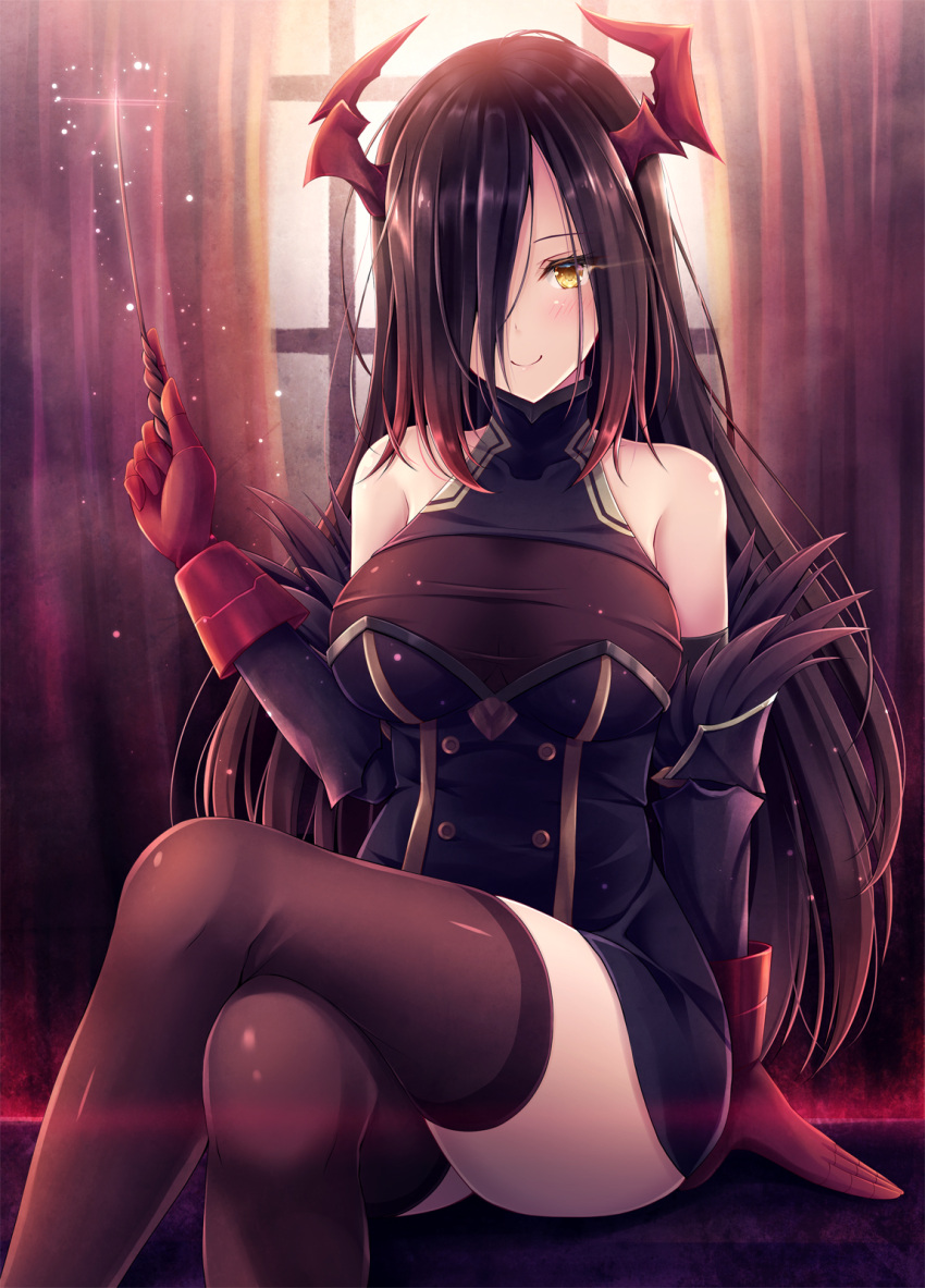 1girl akashio_(loli_ace) arm_support azur_lane bangs bare_shoulders baton_(instrument) black_dress black_hair blush breasts brown_legwear c: commentary_request crossed_legs curtains detached_sleeves dress friedrich_der_grosse_(azur_lane) gloves hair_over_one_eye hand_up highres holding horns large_breasts long_hair long_sleeves looking_at_viewer red_gloves sitting smile solo taut_clothes taut_dress thigh-highs thighs very_long_hair window yellow_eyes