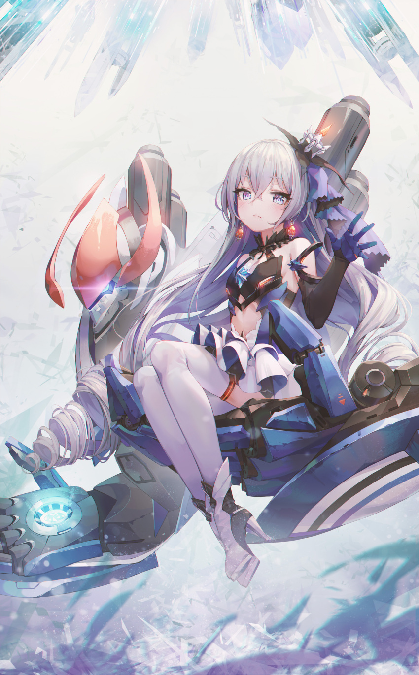 1girl absurdres bangs bare_shoulders blue_eyes boots bronya_zaychik center_opening closed_mouth crossed_bangs crown dress earrings elbow_gloves gloves hair_between_eyes hand_up high_heel_boots high_heels highres honkai_(series) honkai_impact_3rd jewelry long_hair looking_at_viewer mecha mini_crown silver_hair sitting thigh-highs thigh_boots tilted_headwear ttutto very_long_hair white_footwear