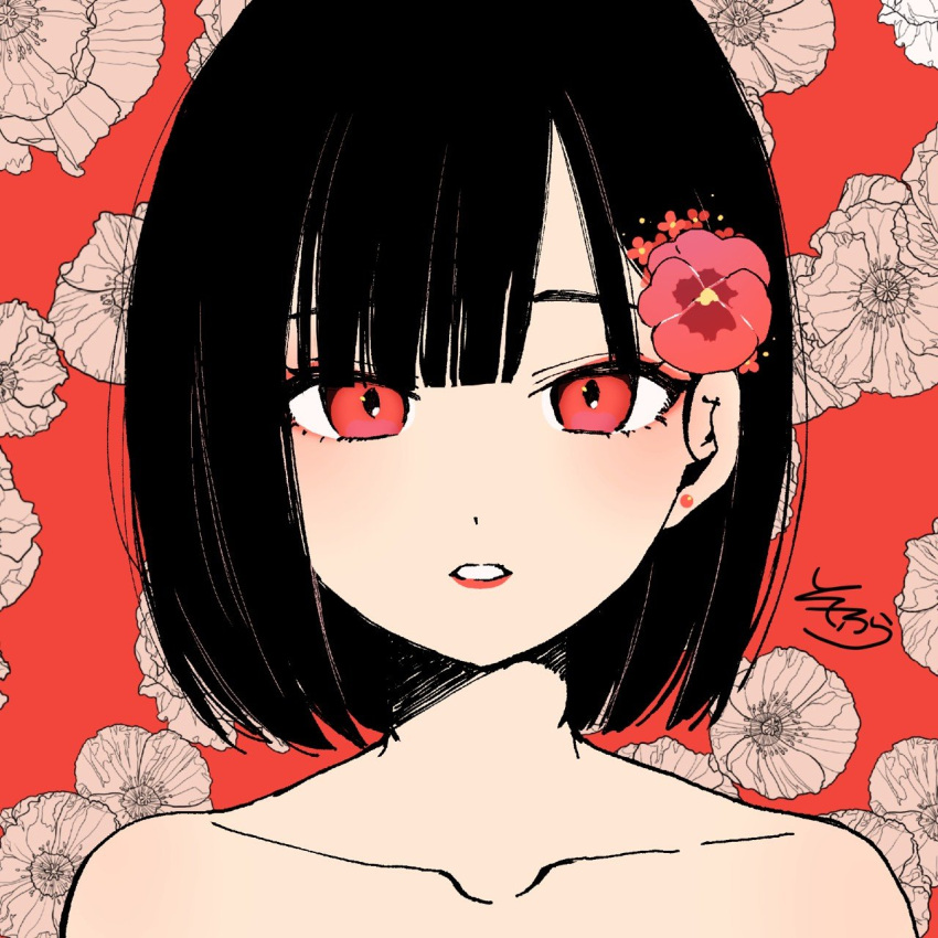 1girl bangs black_hair blunt_bangs blush collarbone earrings eyebrows_behind_hair floral_background flower hair_flower hair_ornament highres jewelry looking_at_viewer original parted_lips portrait red_background red_eyes red_flower red_lips short_hair signature sofra solo stud_earrings