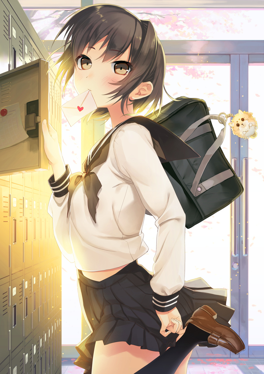 bag_charm black_backpack black_hair black_skirt blush brown_footwear charm_(object) envelope highres indoors kneehighs loafers locker long_sleeves looking_at_viewer moe2019 mouth_hold original panpaka_red pleated_skirt school_uniform serafuku shirt shoes short_hair skirt standing standing_on_one_leg white_shirt