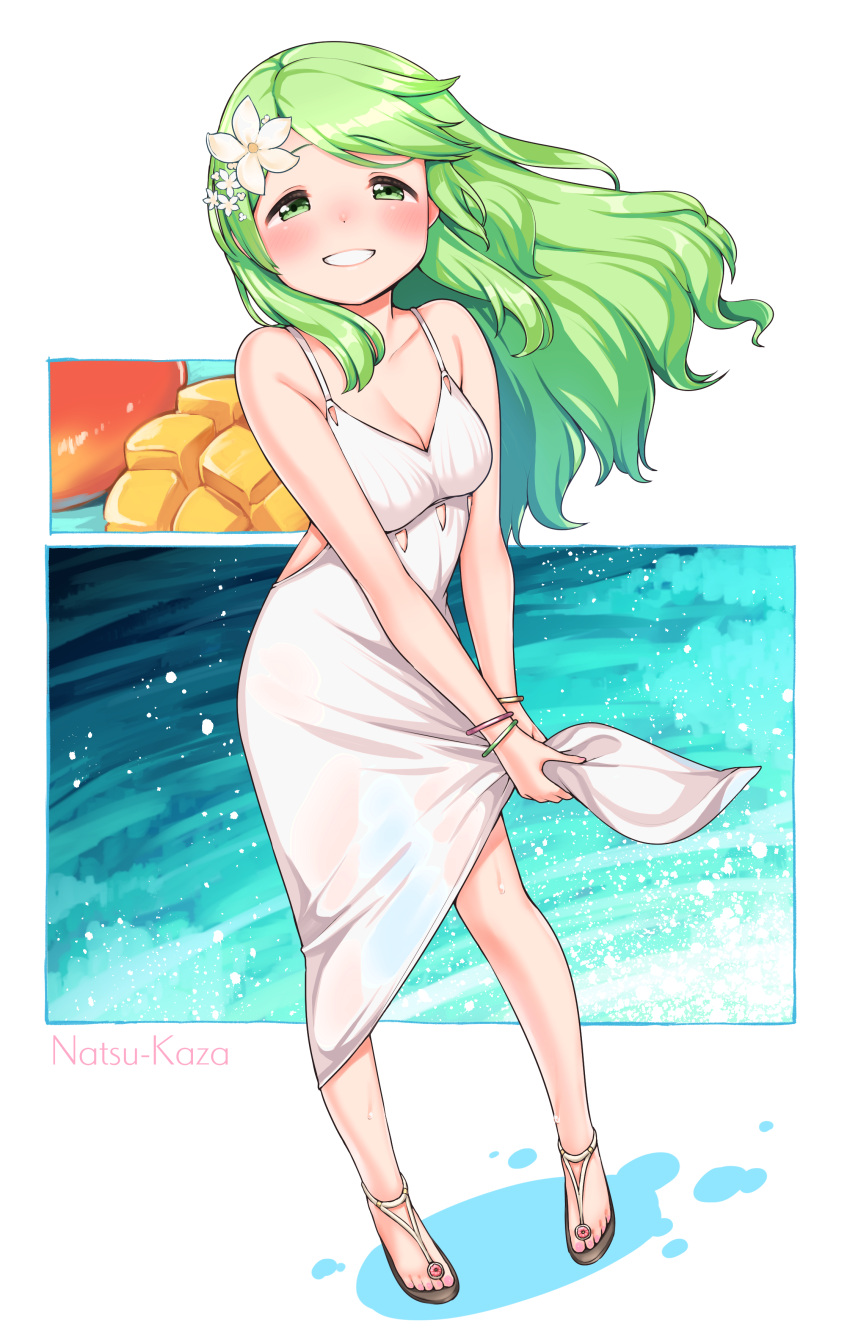 1girl absurdres blush breasts dress feet flower food fusa_(starless2323) green_eyes green_hair hair_flower hair_ornament highres long_hair looking_at_viewer md5_mismatch morinaka_kazaki open_mouth resized see-through shoes smile solo upscaled water wristband