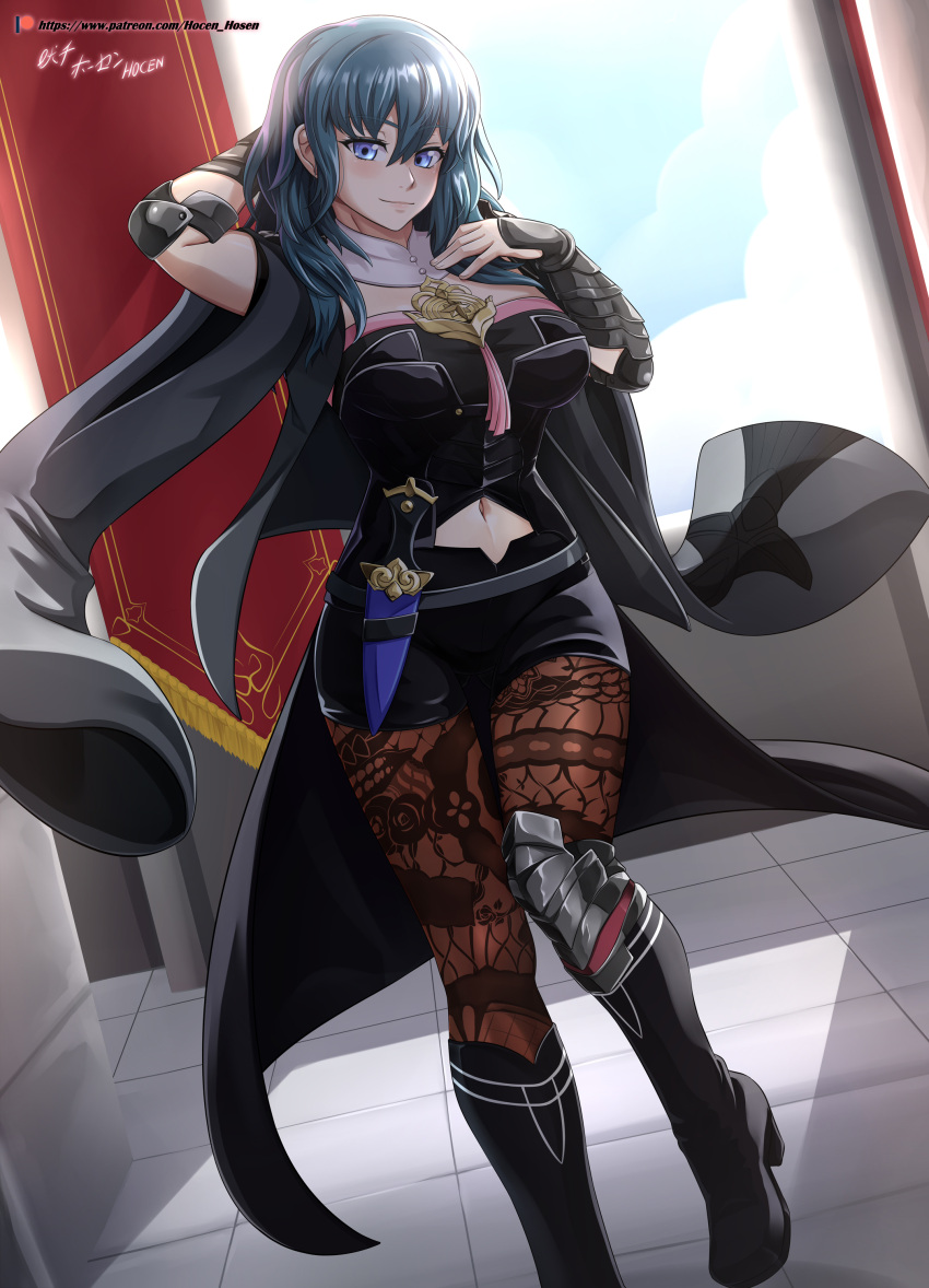 1girl absurdres arm_up artist_name black_cape blue_eyes blue_hair byleth_(fire_emblem) byleth_eisner_(female) cape closed_mouth dagger fire_emblem fire_emblem:_three_houses highres medium_hair navel pantyhose sheath sheathed solo vilde_loh_hocen watermark weapon web_address