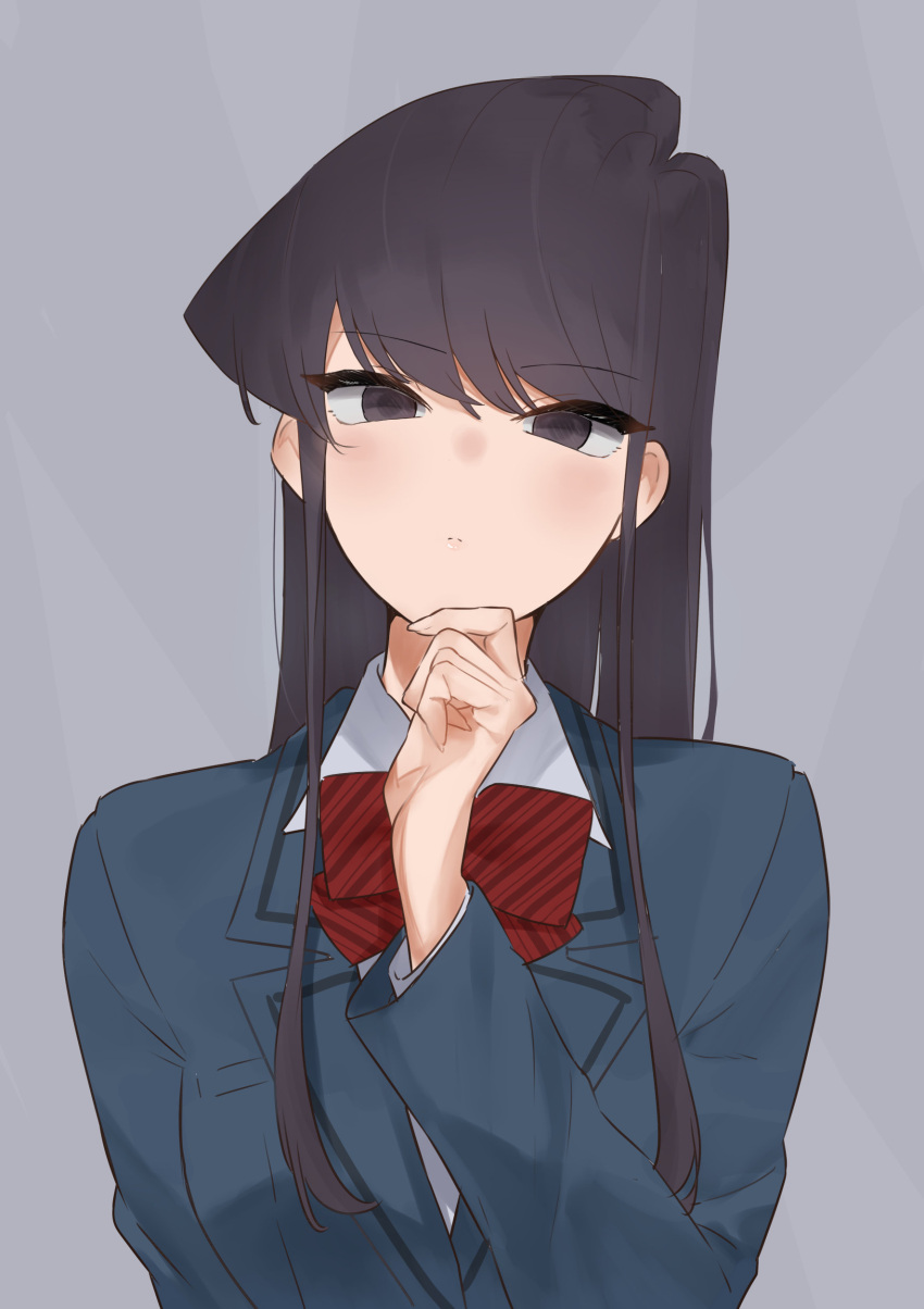 1girl absurdres bangs black_eyes black_hair blazer blue_eyes bow bowtie closed_mouth collared_shirt commentary_request eyebrows_visible_through_hair grey_shirt hand_on_own_chin hand_up highres jacket komi-san_wa_komyushou_desu komi_shouko long_hair long_sleeves looking_at_viewer red_bow school_uniform shirt simple_background solo straight_hair striped striped_bow striped_bowtie takita_(takita3411) upper_body white_shirt