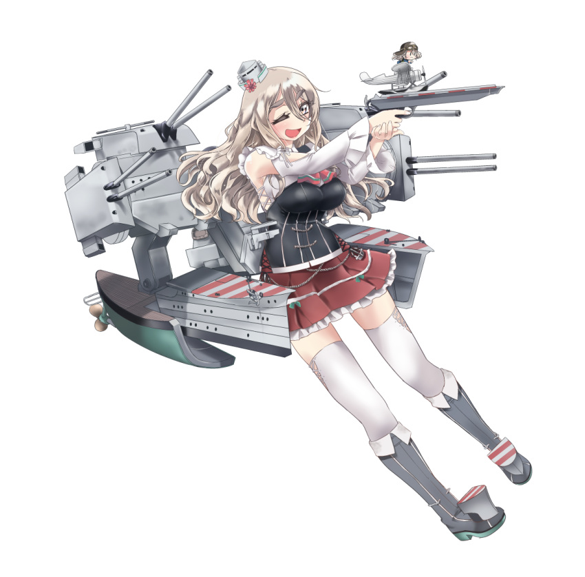 2girls aircraft airplane anchor boots bow bowtie brown_eyes cannon corset fairy_(kantai_collection) full_body grey_hair hair_between_eyes hat kantai_collection long_hair looking_at_viewer machinery mini_hat miniskirt multiple_girls one_eye_closed pola_(kantai_collection) shirt simple_background skirt smile thick_eyebrows thigh-highs tilted_headwear turret uzuki_kosuke wavy_hair white_background white_legwear white_shirt